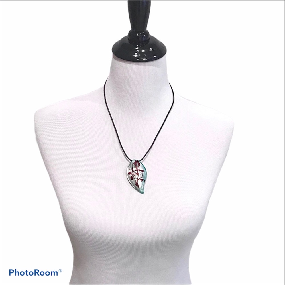 Green abstract acrylic leaf black cord necklace